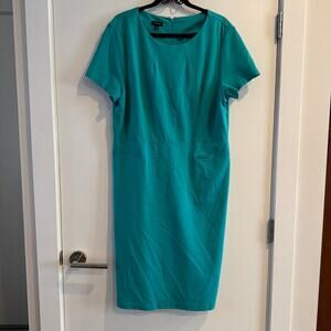 Talbots Sheath Dress Teal Green Crew Neck Back Zip Pocket Short Sleeve Sz 16